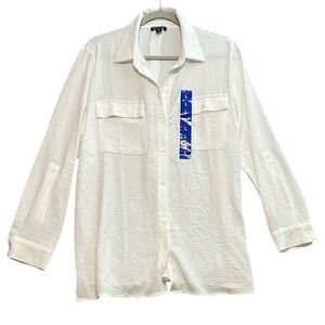 Hilary Radley Womens Cream Long Sleeve Button Up‎ Shirt Blouse Top Size L